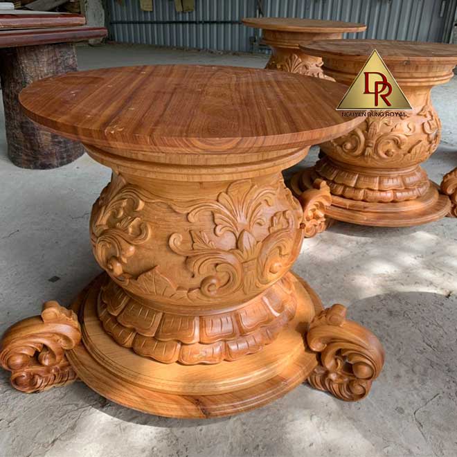 Bộ bàn ăn tròn nguyên khối gỗ gõ đỏ kt 120x16cm và 8 ghế -