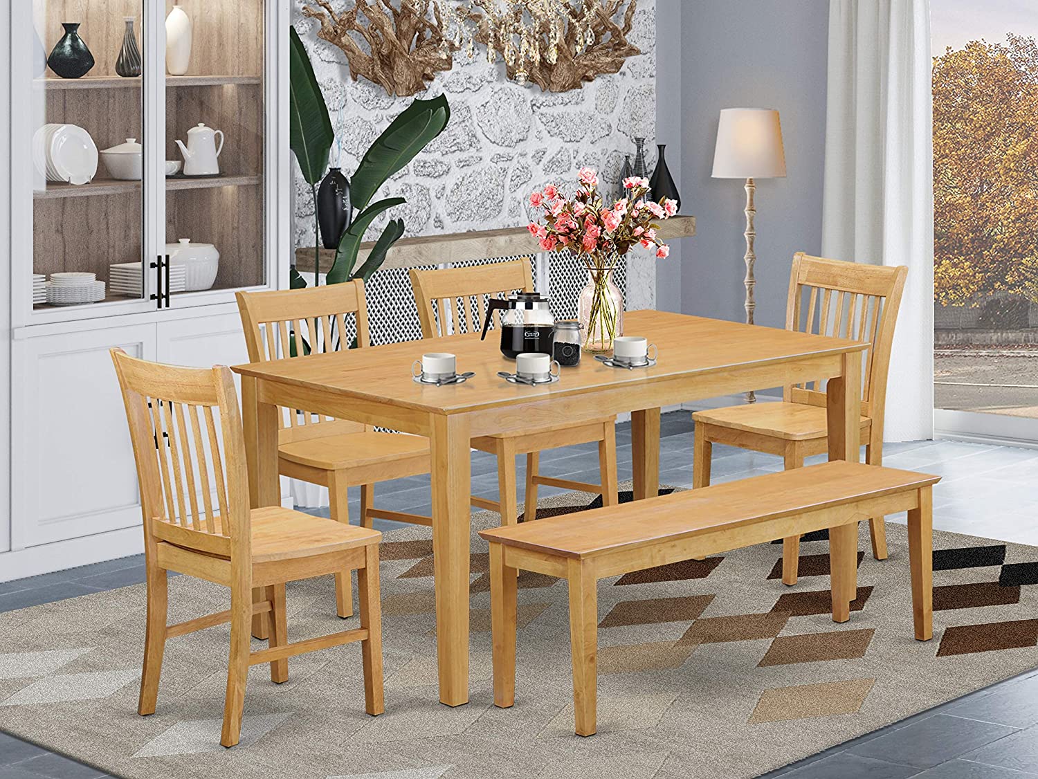 Amazon.com - East West Furniture Rectangular Dining Table Set 6 Pc - Wooden Modern Dining Chairs Seat - Oak Finish Dining Room Table and Bench - Table & Chair Sets