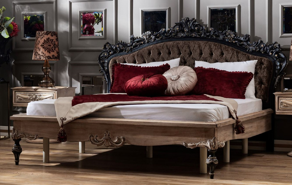 Casa Padrino luxury baroque double bed dark brown / natural / black / gold - Noble solid wood bed with headboard - Magnificent bedroom furniture in baroque style |