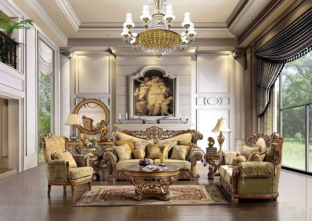 Mẫu phòng khách hoàng gia siêu tráng lệ với gam màu trắng và vàng