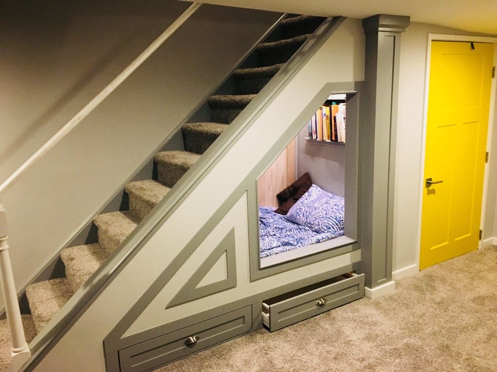 Twin bed under the basement stairs. My reading hide out : CozyPlaces | Small bedroom remodel, Bed under stairs, Basement stairs