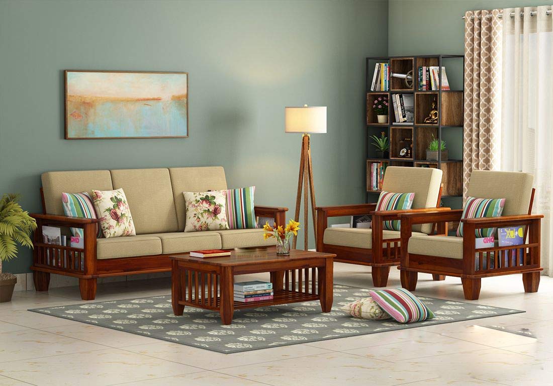 Krishna Wood Decor Solid Sheesham Teak Wood Wooden Sofa Set 5 Seater Home Furniture Living Room | Wooden Sofa Set 3+1+1 | Teak Wood Furniture | Without Pillow | Cream Cushions -
