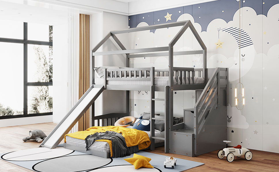 Amazon.com: Twin Over Twin Bunk Bed with Two Drawers and Slide, House Bunk Bed Frame with Staircases and Guardrail, Wood Loft Bed for Kids, Teens, Girls, Boys (Gray & Slide) : Home
