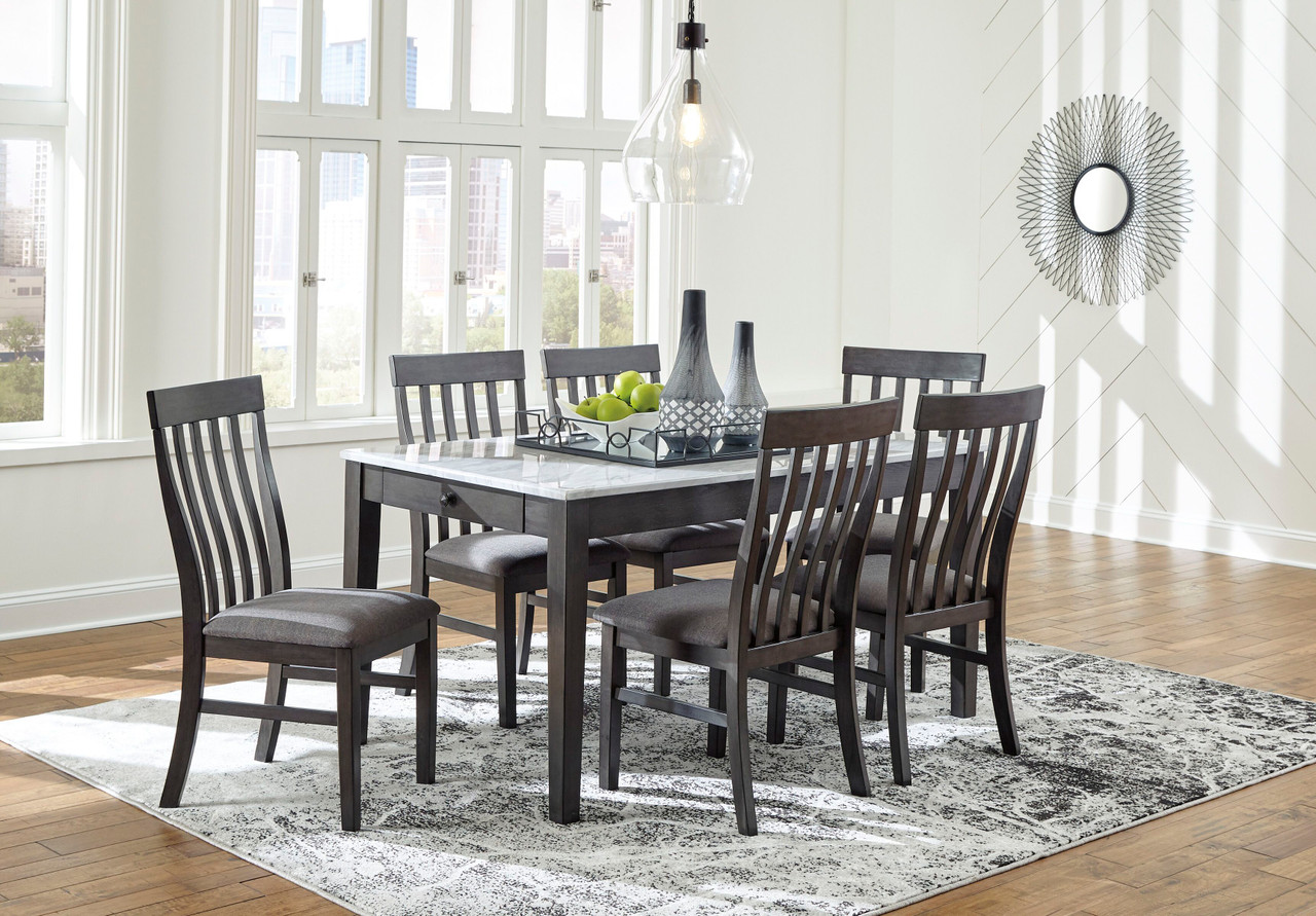 The Luvoni White/Dark Charcoal Gray 7 Pc. Rectangular Table & 6 UPH Side Chairs available at Riley's Rooms serving Tecumseh and Windsor, ON.
