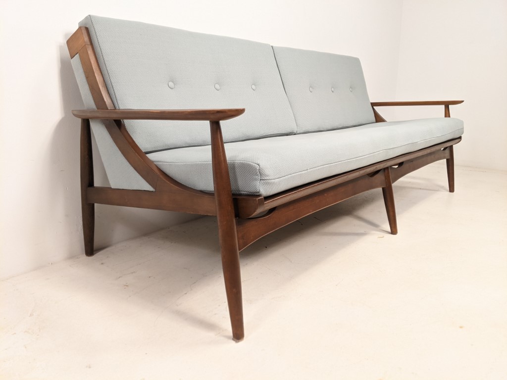 Sculpted Wood Framed Spindled Back Mid Century Modern Sofa - EPOCH