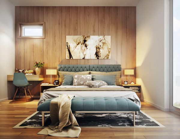Phòng ngủ thiết kế tinh tế với phần đầu giường và phần sàn, thảm tối màu kết hợp với màu xanh ngọc giúp căn phòng đẹp đẽ và thanh thoát. Ảnh sưu tầm