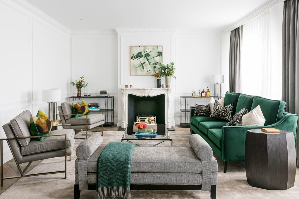 Sự phối hợp hoàn hảo giữa sắc xanh và xám trong phòng khách theo phong cách Art Deco (Ảnh sưu tầm)