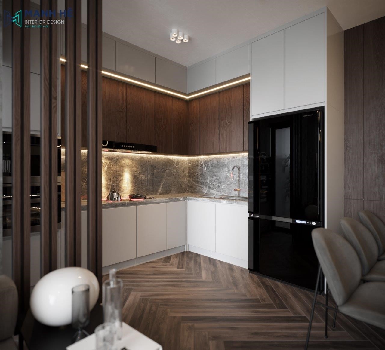 Phòng khách và bếp được trang trí bằng gỗ Veener cao cấp, tạo nên không gian sang trọng và đẳng cấp.
