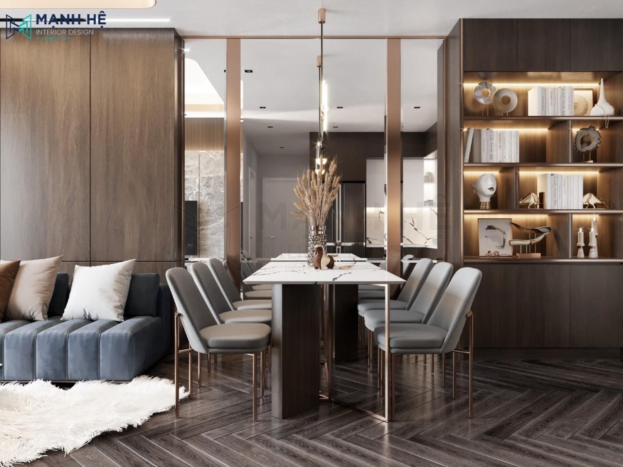 Phòng khách và bếp được trang trí bằng gỗ Veener cao cấp, tạo nên không gian sang trọng và đẳng cấp.