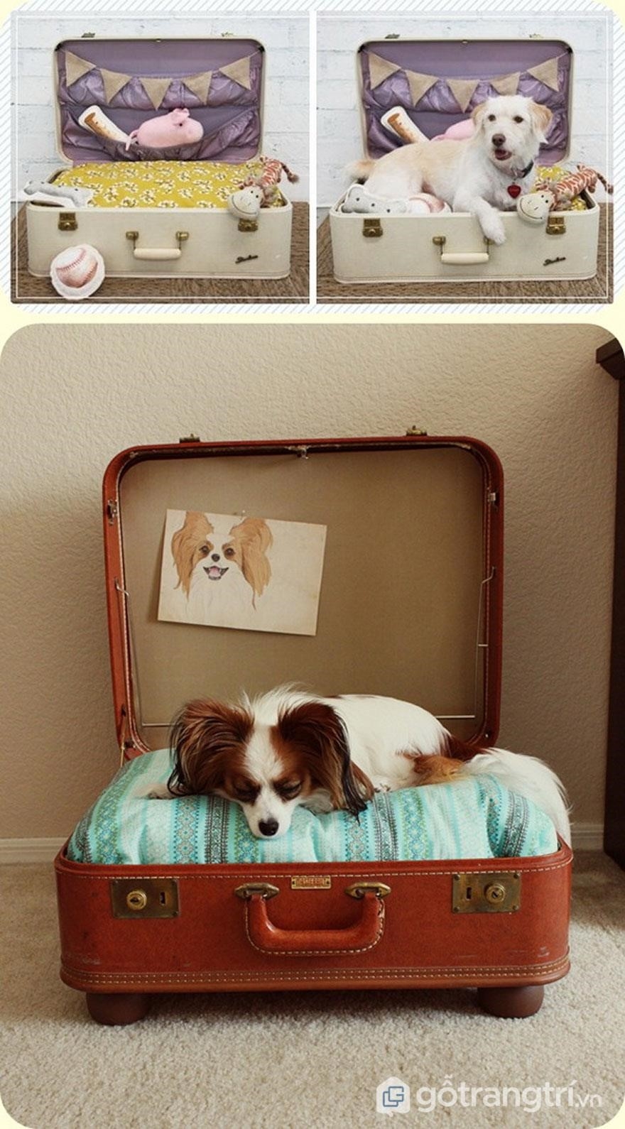 Một ý tưởng thú vị để tái chế vali là biến nó thành một chiếc giường cho thú cưng của bạn. Điều này không chỉ giúp bạn tiết kiệm tiền mà còn giúp giảm thiểu lượng rác thải được tạo ra. Chỉ cần tháo bỏ phần đệm và sử dụng vật liệu lót mới, bạn có thể tạo ra một chiếc giường êm ái và thoải mái cho cún yêu của mình.