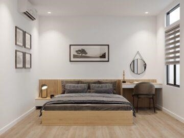 Phòng ngủ được trang trí với không gian nội thất rộng rãi, điểm nhấn là mẫu giường có kích thước lớn 2mx2m2.