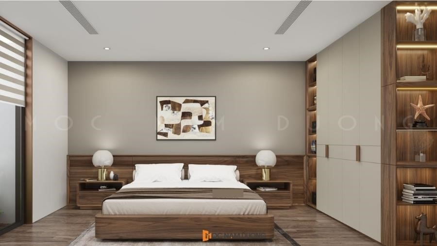 Giường gỗ công nghiệp được thiết kế theo phong cách hiện đại.