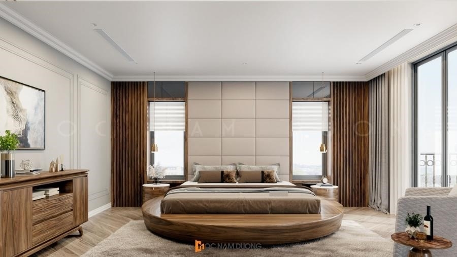 Đó là một chiếc giường gỗ tự nhiên, có kích thước lớn 2m x 2m2 và được thiết kế với hình dạng bo tròn hiện đại.