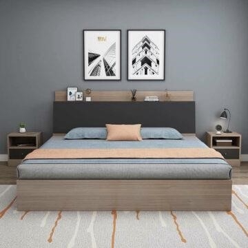 Giường ngủ làm bằng gỗ có kích thước 2m x 2m2, với thiết kế đơn giản và đẹp mắt.