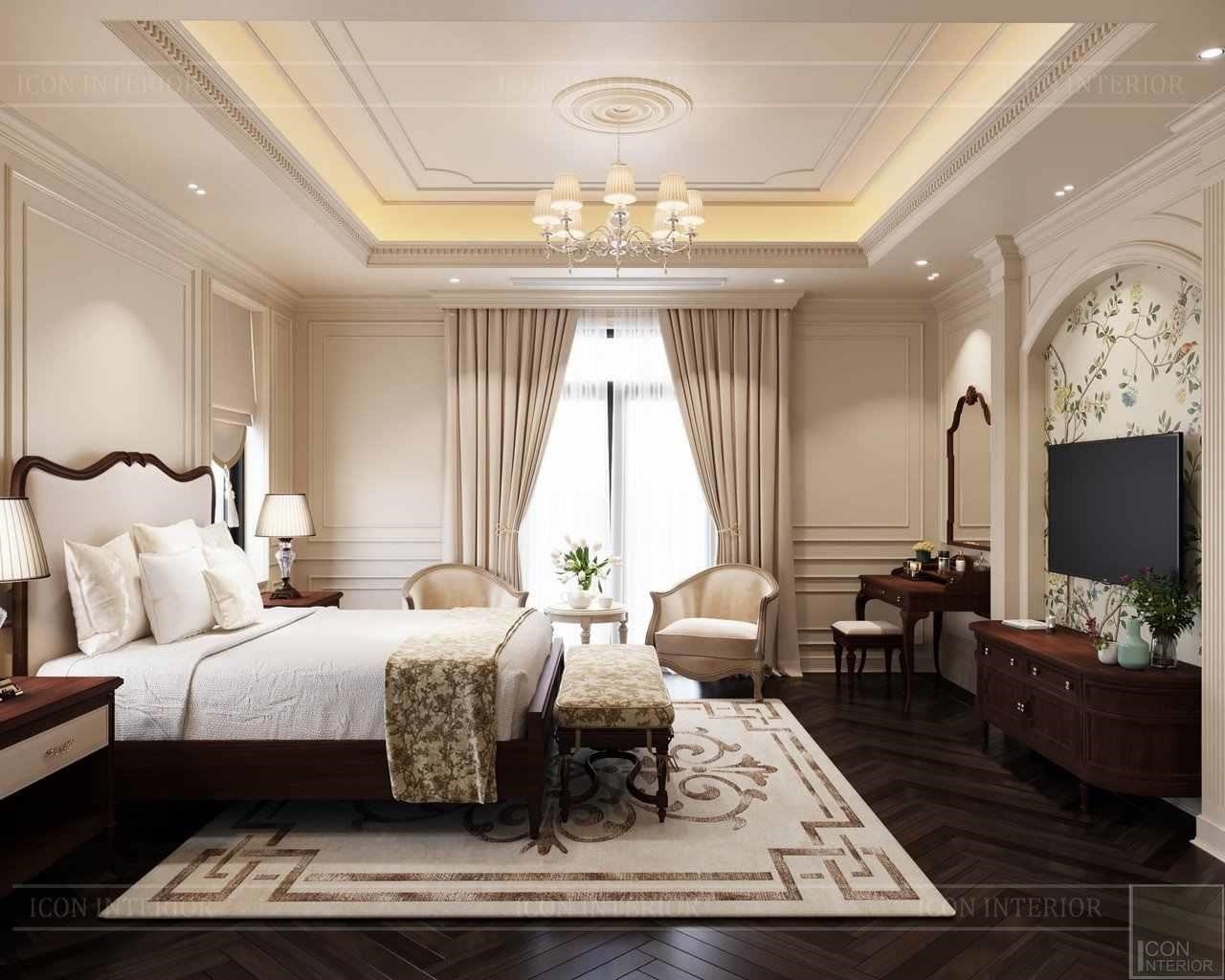 Phòng ngủ được trang trí bằng màu sắc ấm áp của gỗ cây óc chó, mang đến cho người dùng giấc ngủ ngon lành và thư thái hơn.