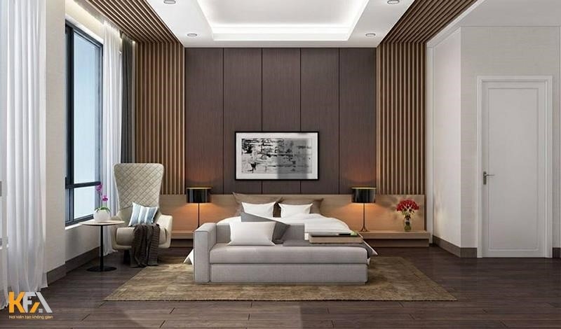 Phòng khách được trang trí bằng mẫu ốp gỗ công nghiệp với độ tương đồng giữa các bộ phận.