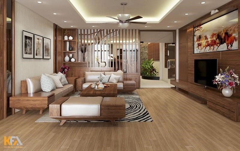 Phòng khách được trang trí bằng ốp gỗ tự nhiên, tạo ra không gian sang trọng và đẳng cấp.