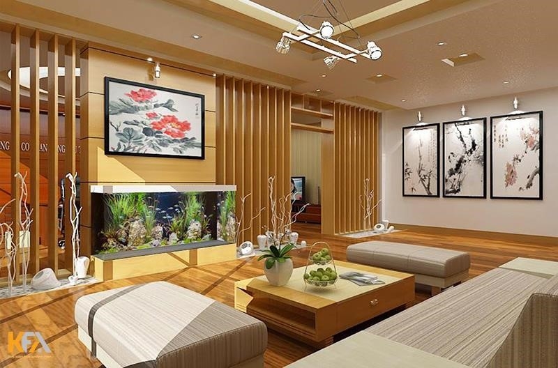 Phòng khách được bọc gỗ tự nhiên một cách liền mạch, tạo nên không gian đẹp và thân thiện.