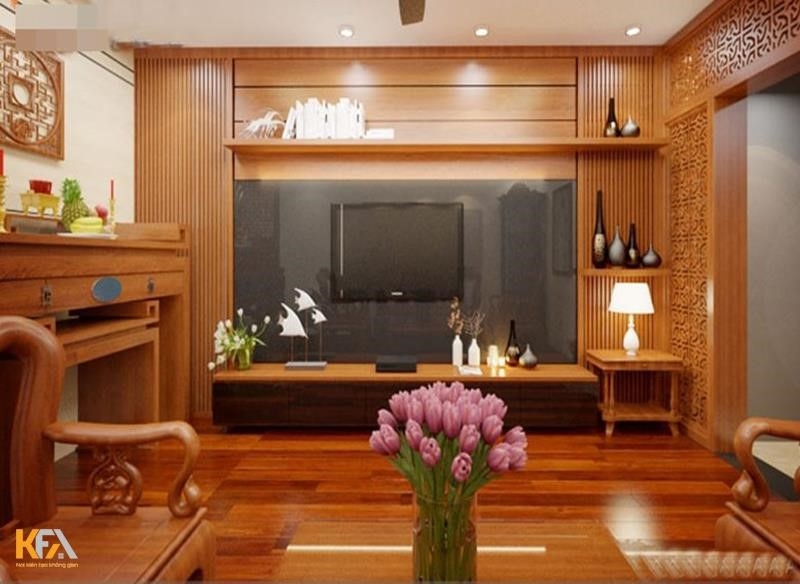 Phòng khách được trang trí bằng ốp gỗ tự nhiên, tạo nên một không gian gần gũi, ấm áp vô cùng đẹp mắt.