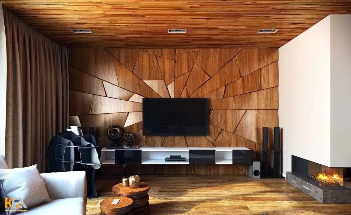 Vách tivi phòng khách trong căn hộ chung cư được thiết kế với gỗ tự nhiên đem lại ấn tượng mạnh mẽ.