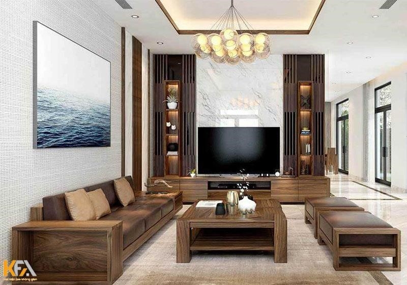 Phòng khách được trang trí bởi vách tivi bằng gỗ tự nhiên, tạo nên vẻ đẹp sang trọng và đẳng cấp cho không gian căn nhà ống.