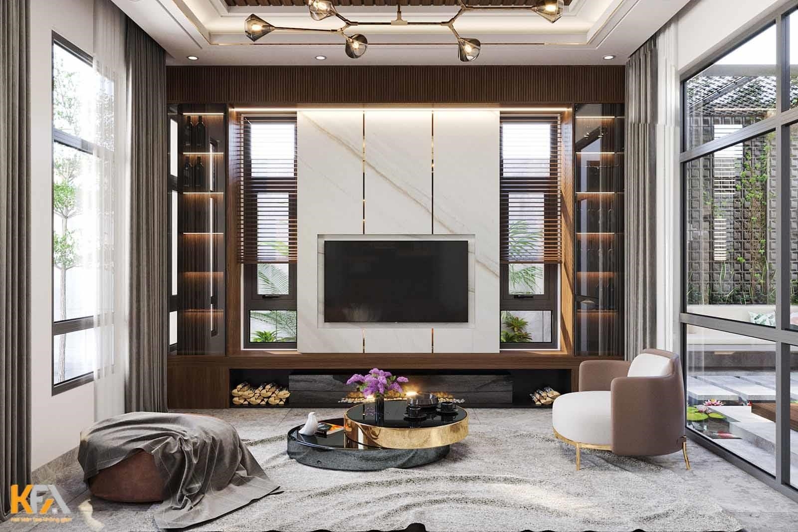 Phòng khách trong căn nhà mới được thiết kế với vách tivi sử dụng nhựa PVC giả đá kết hợp với kệ tivi bằng gỗ mang lại một phong cách độc đáo và hiện đại.