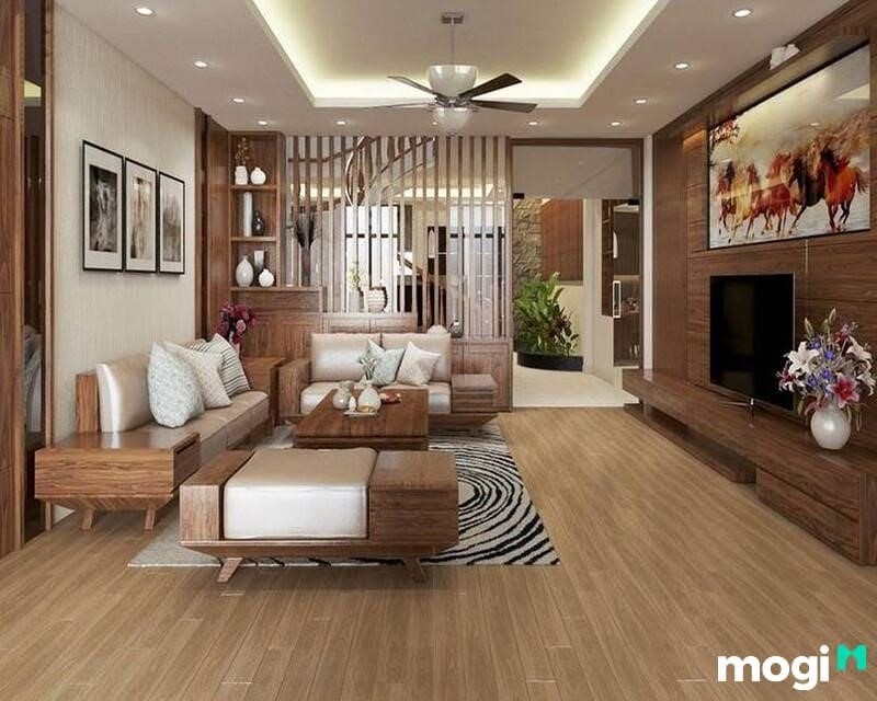 Phòng khách thường sử dụng phong cách trang trí nội thất gỗ tự nhiên với các sản phẩm làm từ gỗ thiên nhiên.